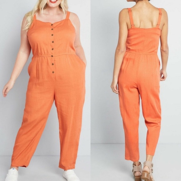 Modcloth Vibrant Orange Button-Down Jumpsuit - Picture 1 of 5